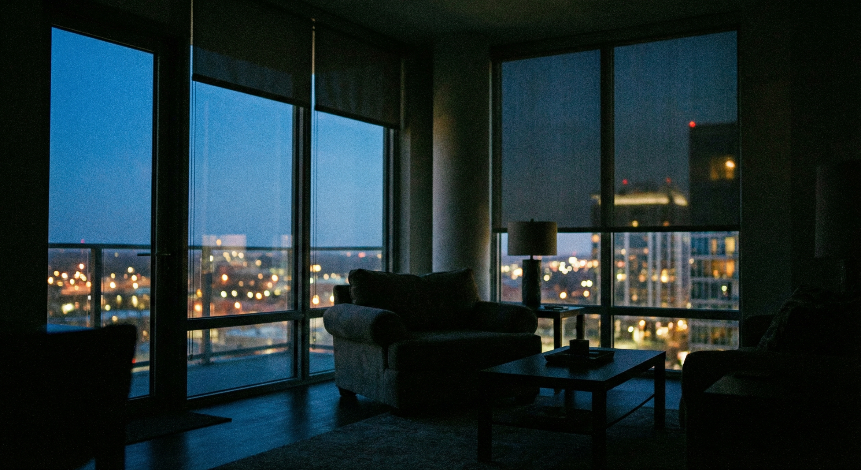 Motorized shades at dusk