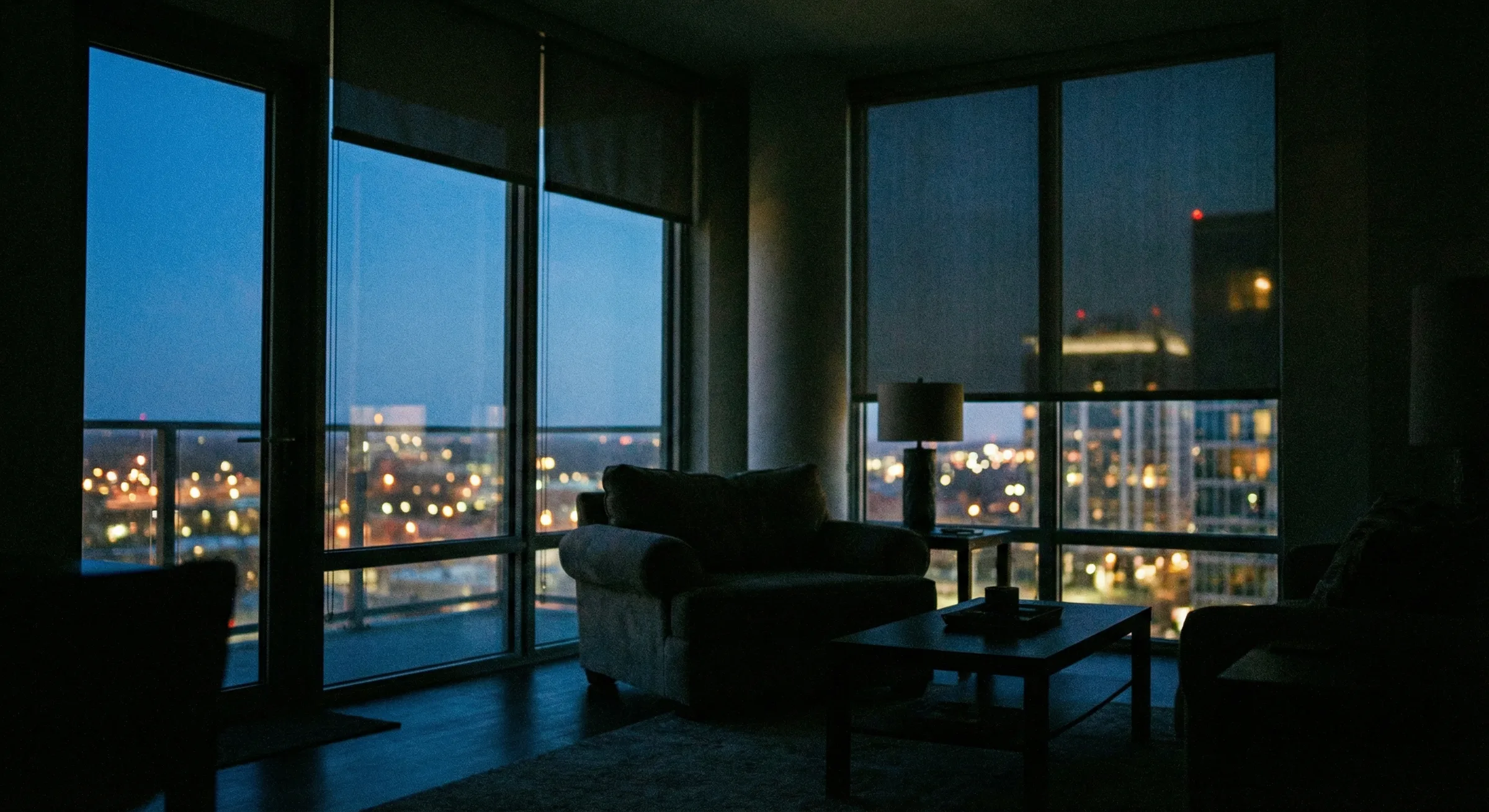 Motorized shades at dusk