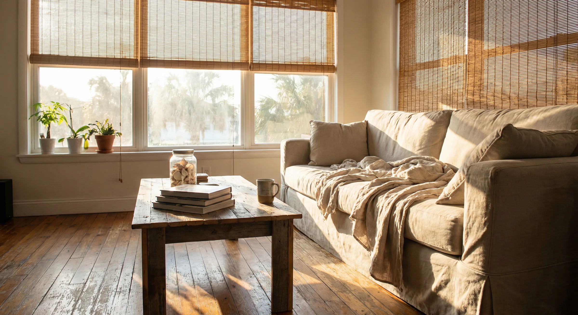 Light-filtering shades in coastal home
