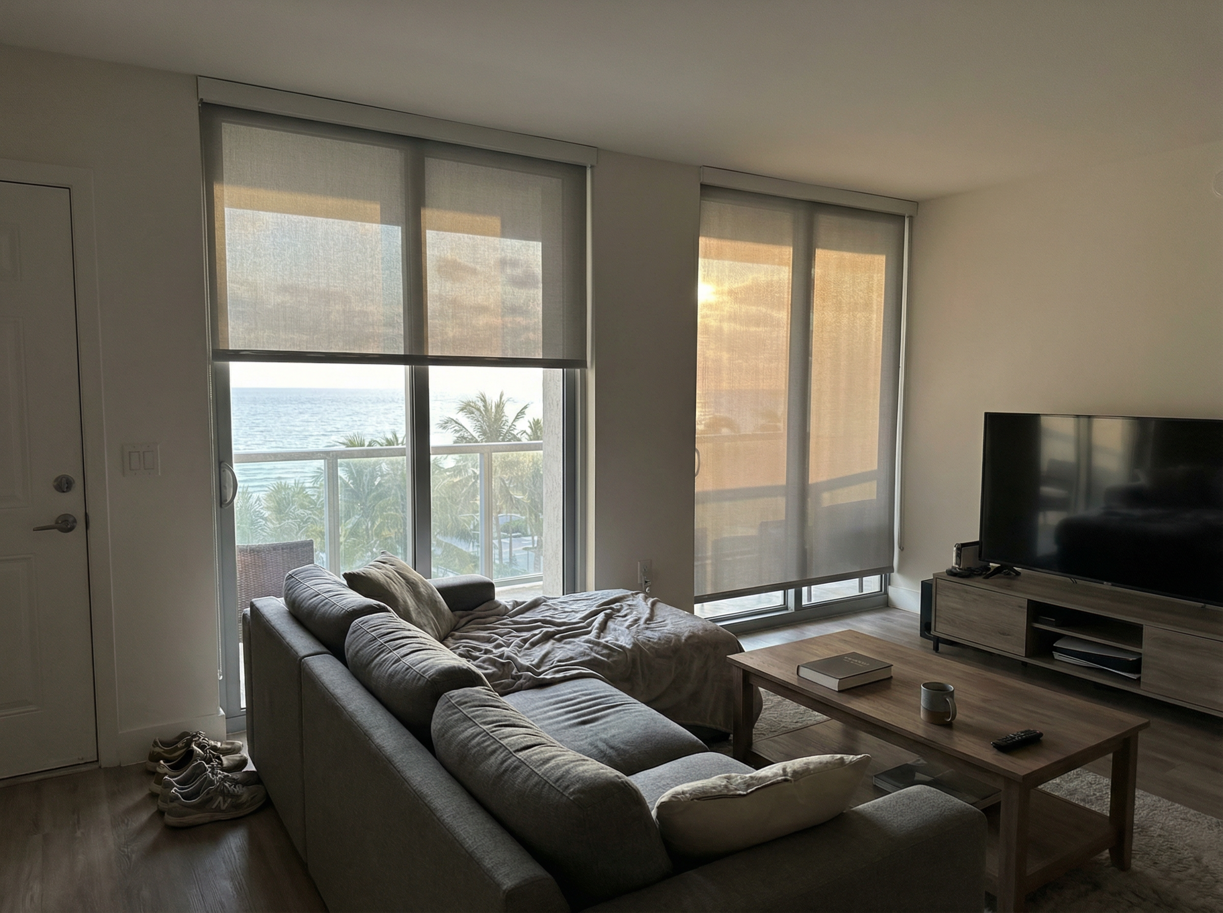 Motorized shades in living room