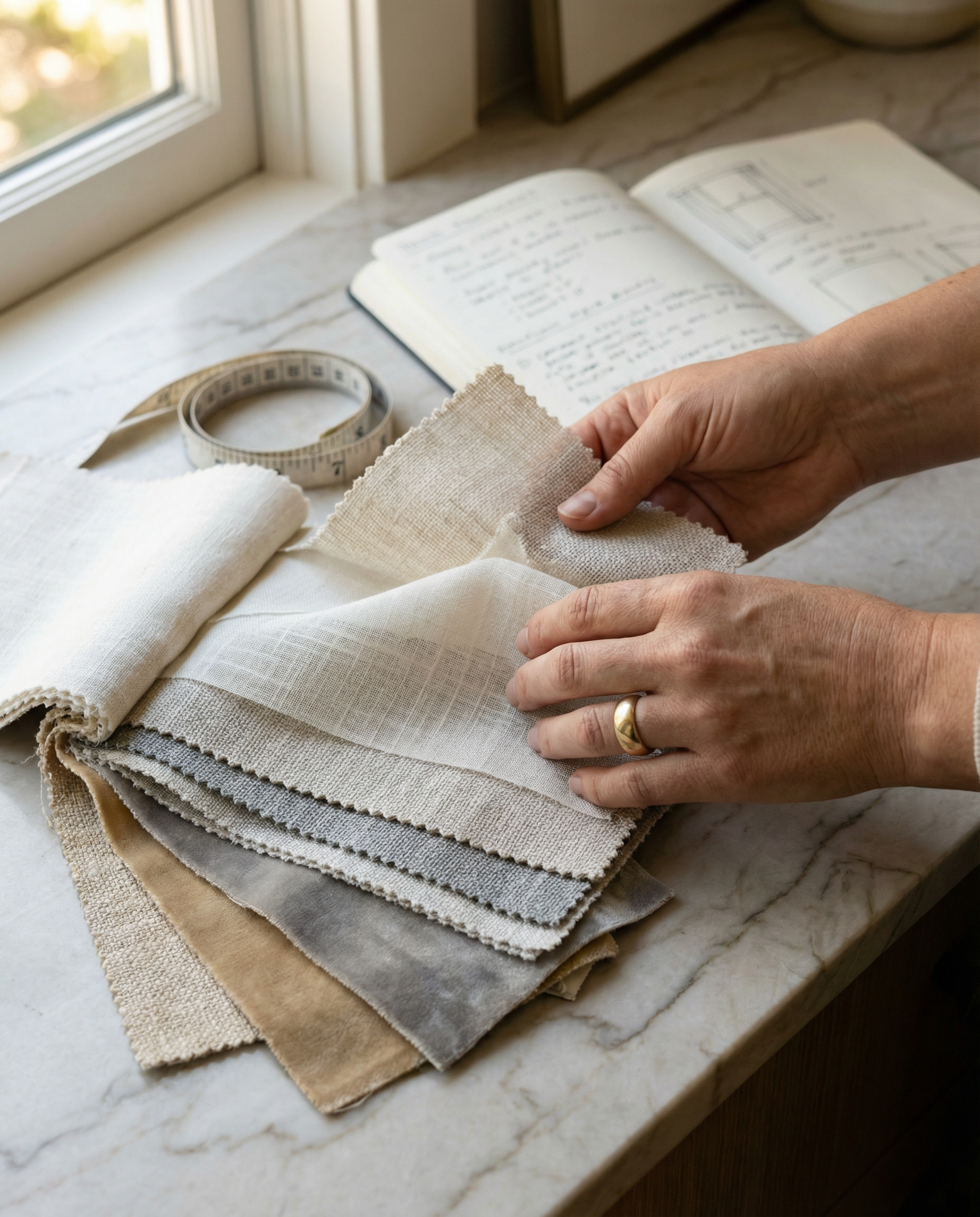 Choosing fabric samples during consultation